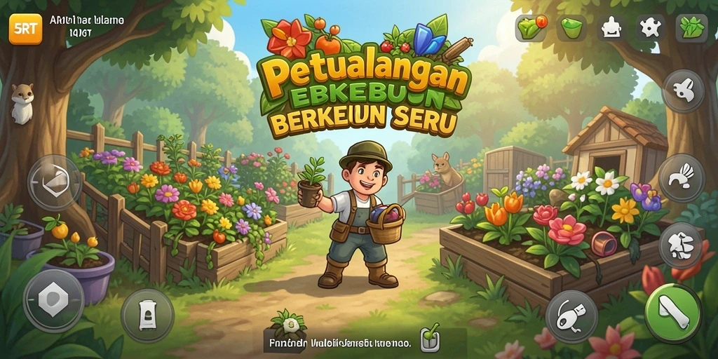Screenshot game 5RT menampilkan kebun yang indah dengan tanaman subur.