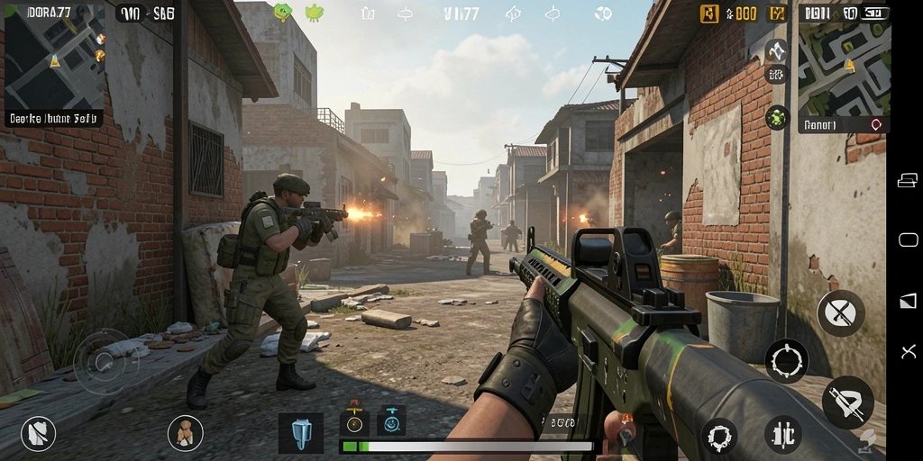 Tangkapan layar utama DORA77 yang menunjukkan aksi FPS yang penuh adrenalin.