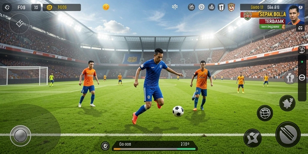 Gambaran gameplay <strong>F08</strong> yang menggambarkan aksi sepak bola menegangkan.