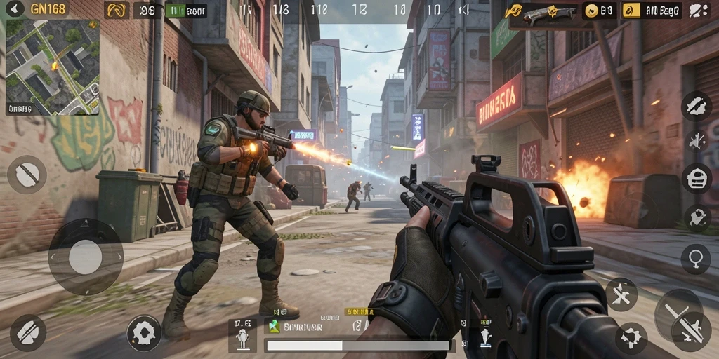 Tampilan gameplay seru dan intens di GN168 dengan aksi tembak-menembak.