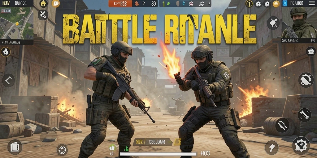 Screenshot gameplay H03 menampilkan pertarungan seru dalam Battle Royale.