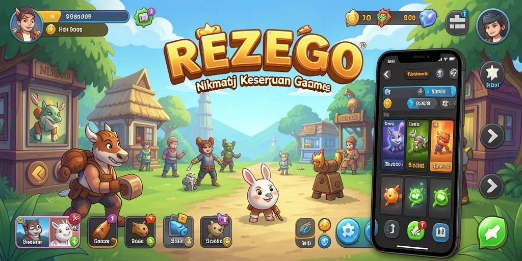 Tampilan gameplay seru REZEGO dengan karakter dan item menarik.