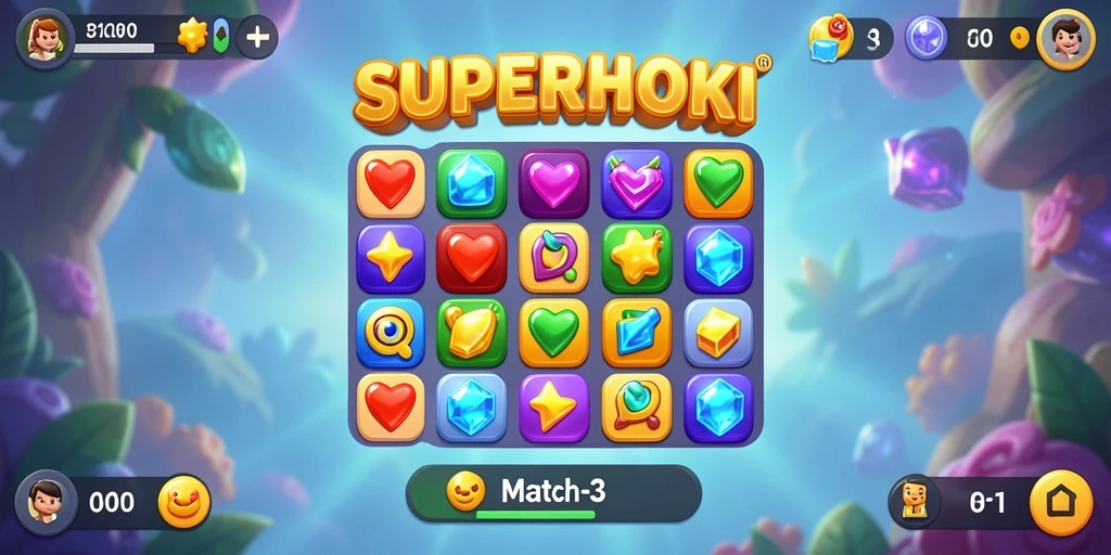 Tampilan gameplay Match-3 yang seru di SUPERHOKI.